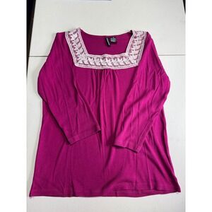 Jason Maxwell Top Square Neck 3/4 Sleeve Lace Trim‎ Magenta